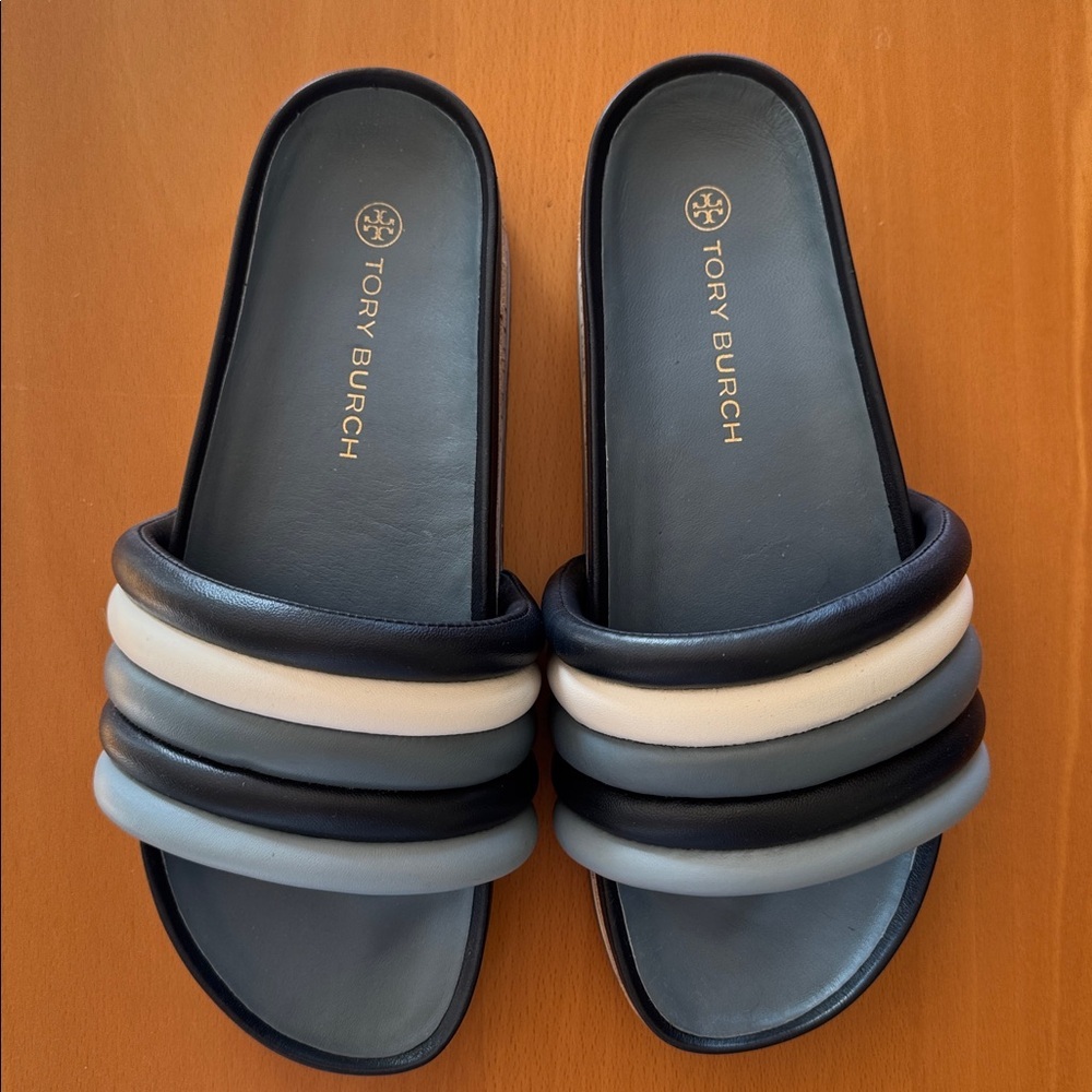 Tory Burch Quilted Platform Slide Sandal in Colorblock Napa Leather- Blue, 10.5M